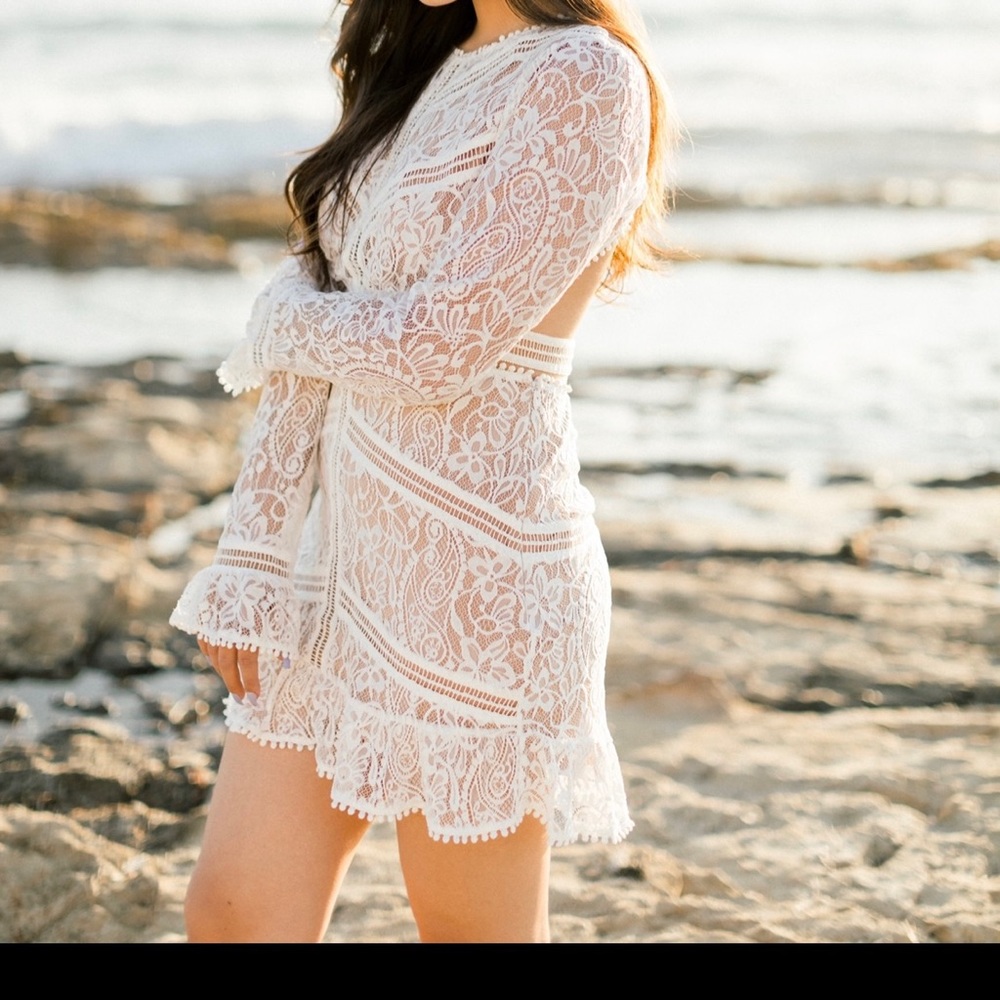For Love & Lemons mini, long sleeve, white lace dress, size Large, fully lined